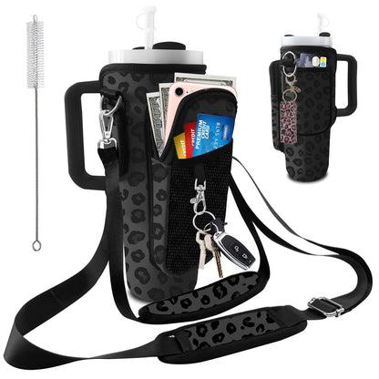 LAOTANGJIA Leopard Print Black Stanley Water Bottle Carrier Bag 40oz/30oz Tumbler with Phone with 2 Adjustable Strap 3 Pockets Bottle Stanley Cup Carrier Bag & Case Accessories for Hiking Travelling