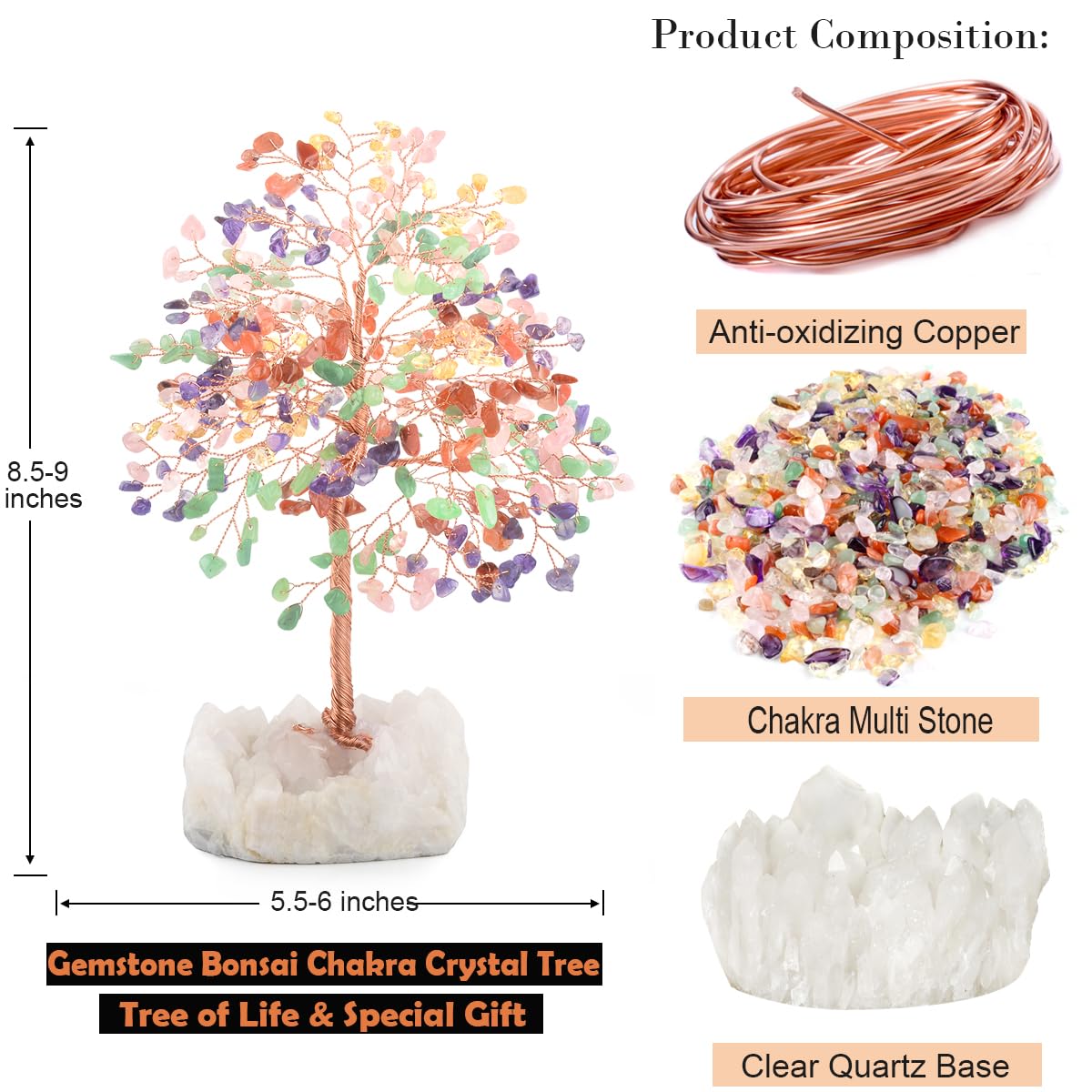 MASGEMES Chakra Crystal Tree of Life Natural Gemstone Healing Crysals(406 Stone Count) with Clear Quartz Base,Fengshui Decor Money Tree,Positive Energy Lucky Gift Height 8.5-9 Inches