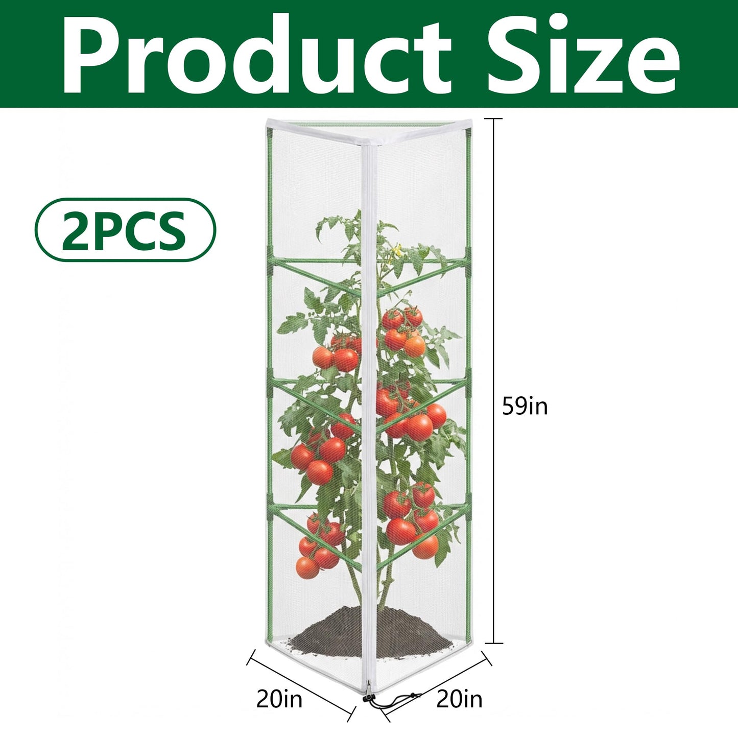 2 Pcs Garden Bird Netting for Triangle Plant Cage, 59" x 20" x 20" Tomato Cage Garden Net Cover with Zipper, Tomato Trellis Insect Bird Barrier Protection Mesh for Vertical Climbing Plant Vegetable