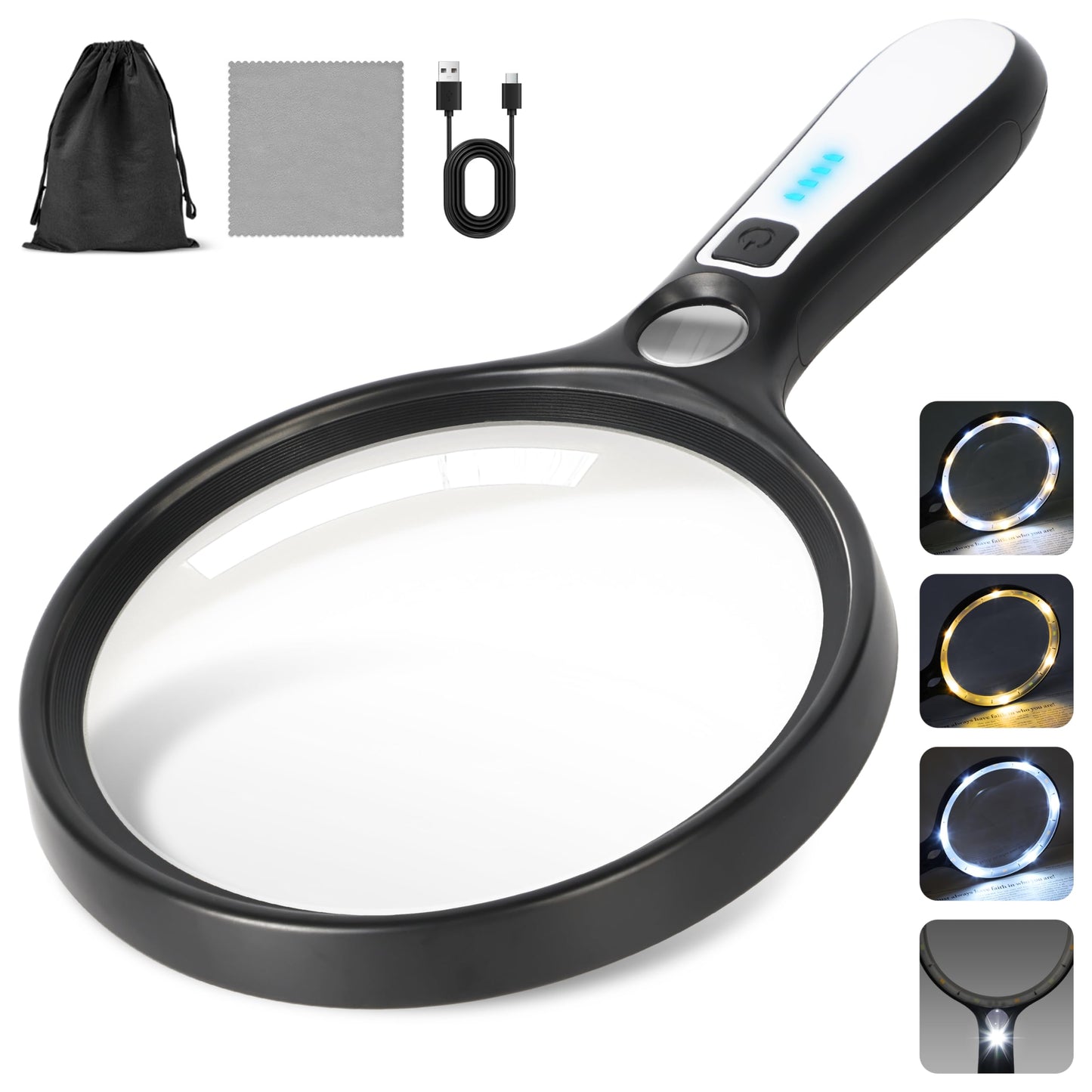 Large Magnifying Glass with Light: 10X 30X 5IN Lighted Handheld Magnifier with 13 LED Lights 3 Modes, 1150mAh Rechargeable Magnifying Lens Gift for Seniors Reading Coins Close Work-Black+White