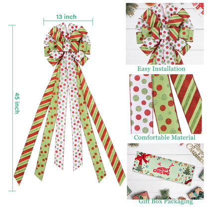 Christmas Tree Topper Wreath Bow Large Green Christmas Bow Tree Topper, 45"x13" Red Green Dot Polyester Gift Ribbon for Xmas Ornament Holiday Home Wedding Thanksgiving Indoor/Outdoor Decoration
