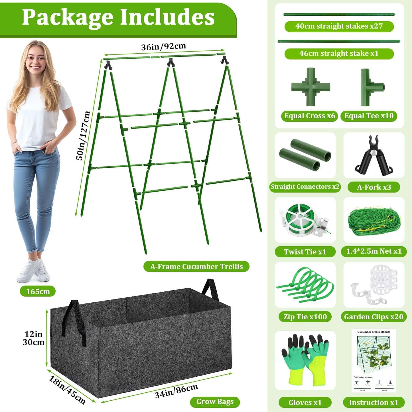 Cucumber Trellis with Grow Bag, 50 x 36 Inches Reusable Garden Vegetable Trellis with Fabric Raised Bed, Climbing Net and Plant Support Clips for Greenhouse Climbing Plants