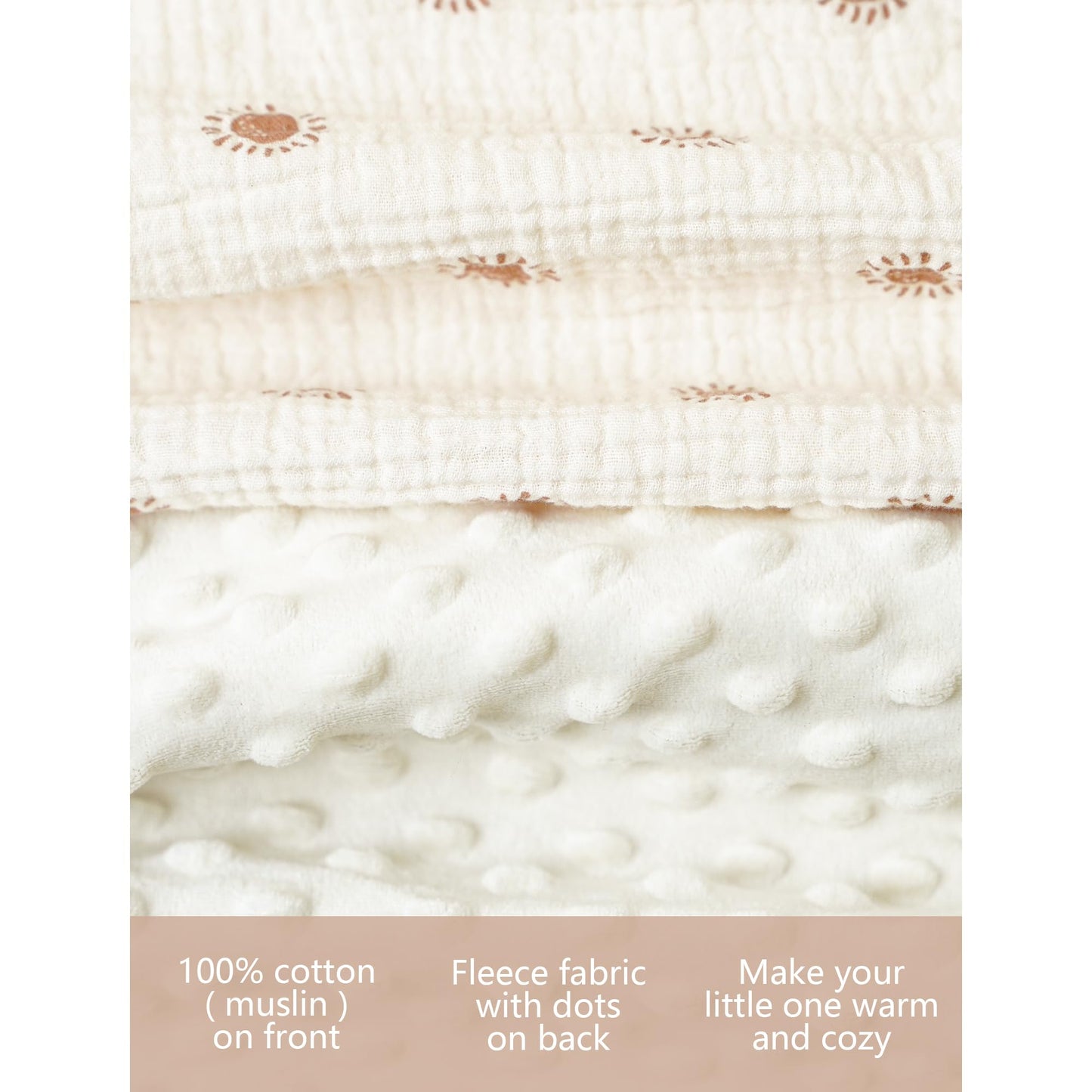 Konssy Baby Blankets for Unisex Boys Girls, Super Soft Nursery Minky Blankets with Muslin Cotton Front and Dotted Fleece Backing, Printed Bed Throws Newborn
