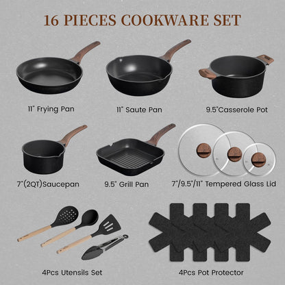 Kikcoin 16Pcs Ceramic Pots and Pans Set Non Stick, Includes a 9.5" Grill Pan, Induction Kitchen Cookware Sets, Black Nonstick RV Kitchen Camping Cooking Sets Stackable (PTFE, PFOS, PFOA Free)