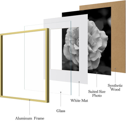 eletecpro Aluminum Gallery Wall Frame Set of 6, 12 x 12 Metal Photo Frames Display 8x8 Photo with Mat or 12x12 without Mat, Picture Frame Collage Wall Decor, Gold