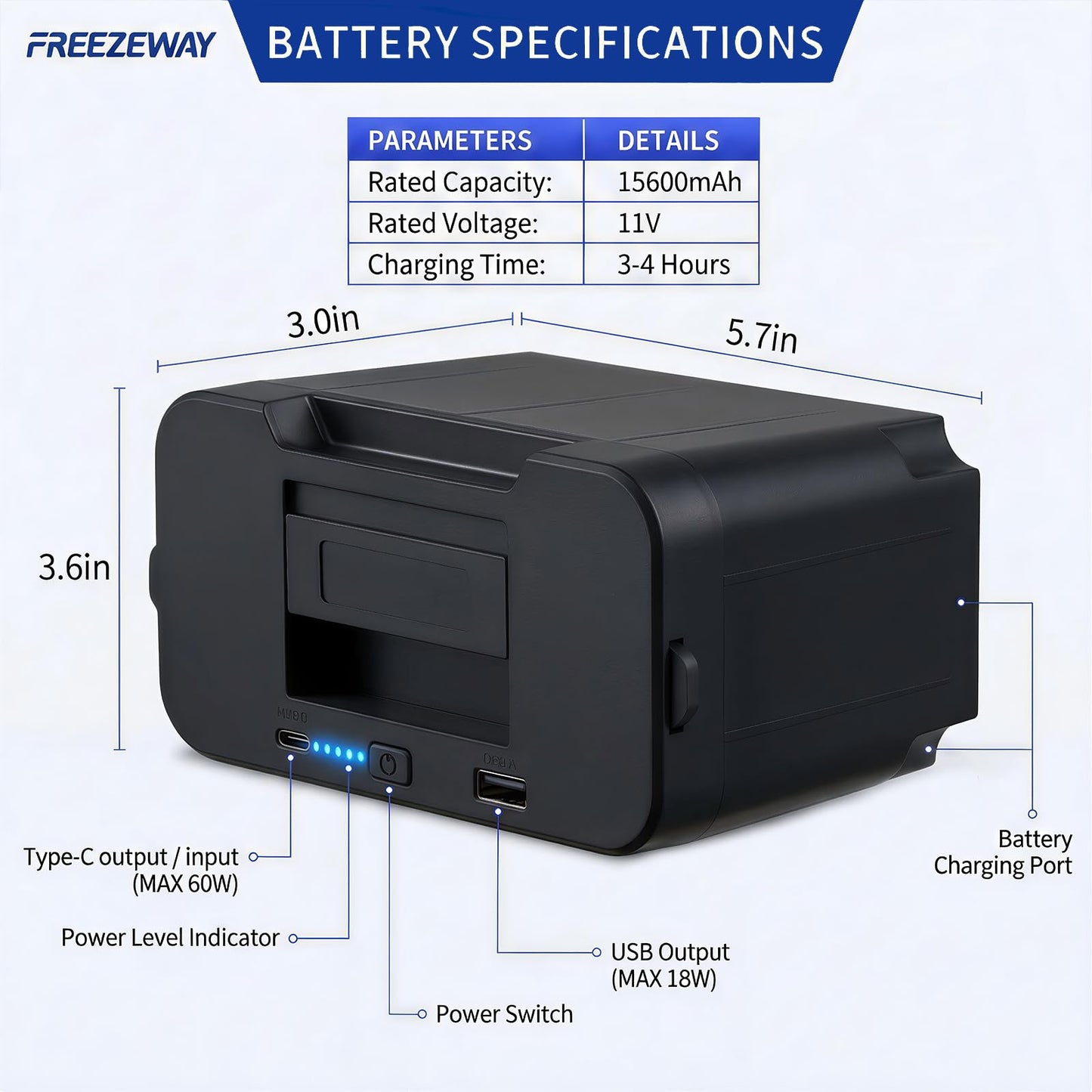 FreezeWay 171Wh Detachable Battery For Portable Car Refrigerator, Rechargeable Electric Cooler Battery for 12/24V DC and 120-240V AC Freezer Fridge, 15600mAh Lithium Car Refrigerator Plug-in Battery