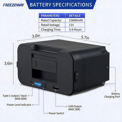 FreezeWay 171Wh Detachable Battery For Portable Car Refrigerator, Rechargeable Electric Cooler Battery for 12/24V DC and 120-240V AC Freezer Fridge, 15600mAh Lithium Car Refrigerator Plug-in Battery