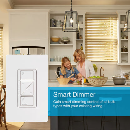 Lutron Caseta Original Smart Dimmer Switch With Wallplate (Lutron Smart Hub Required), for LED Lights, 150 Watt, Single-Pole/3-Way, No Neutral Required, PDW-6WCL-WH-A, White