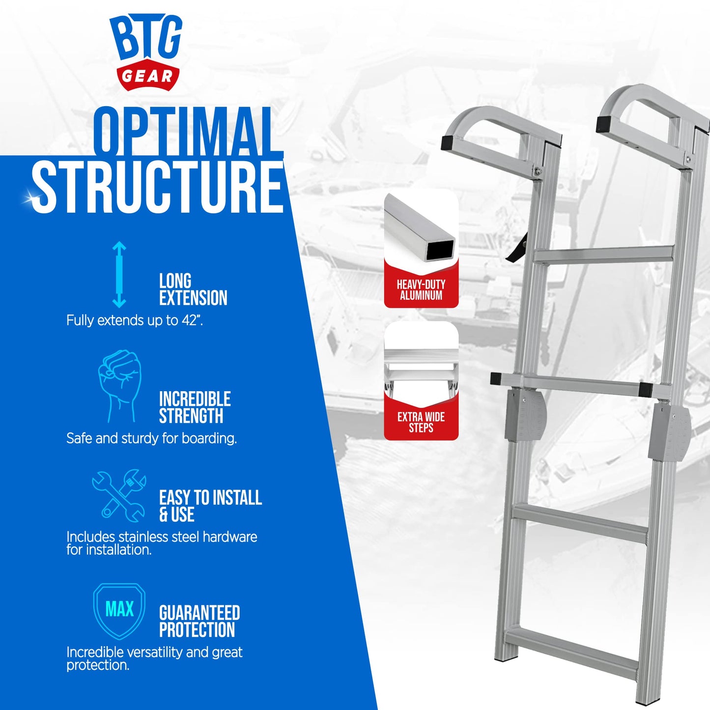 BTG Gear 4-Step Marine Grade Aluminum Pontoon Boat Folding Ladder removable, w/ Quick Release Clips for Boarding, extends up to 42"