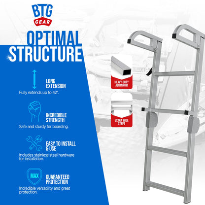 BTG Gear 4-Step Marine Grade Aluminum Pontoon Boat Folding Ladder removable, w/ Quick Release Clips for Boarding, extends up to 42"