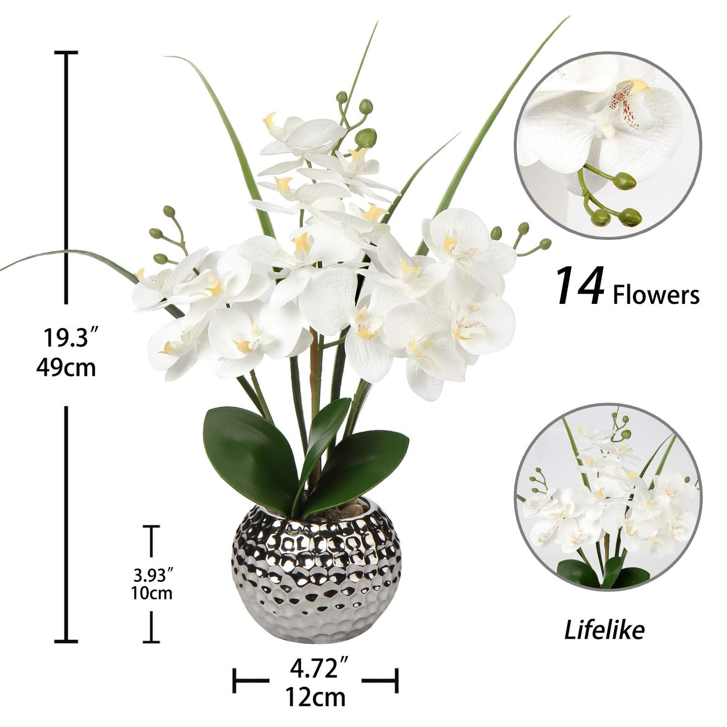 Briful Orchids Artificial Flowers, 20'' White Faux Orchid with Silver Vase Fake Phalaenopsis Flowers for Home Table Living Room Office Kitchen Decor