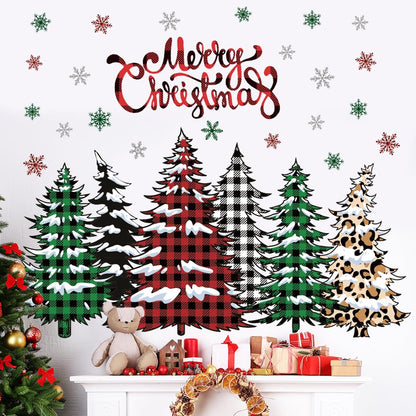 Merry Christmas Wall Decal Buffalo Checkered Christmas Tree Wall Stickers Winter Snowflake Window Clings for Xmas Holiday Festival Party Supplies