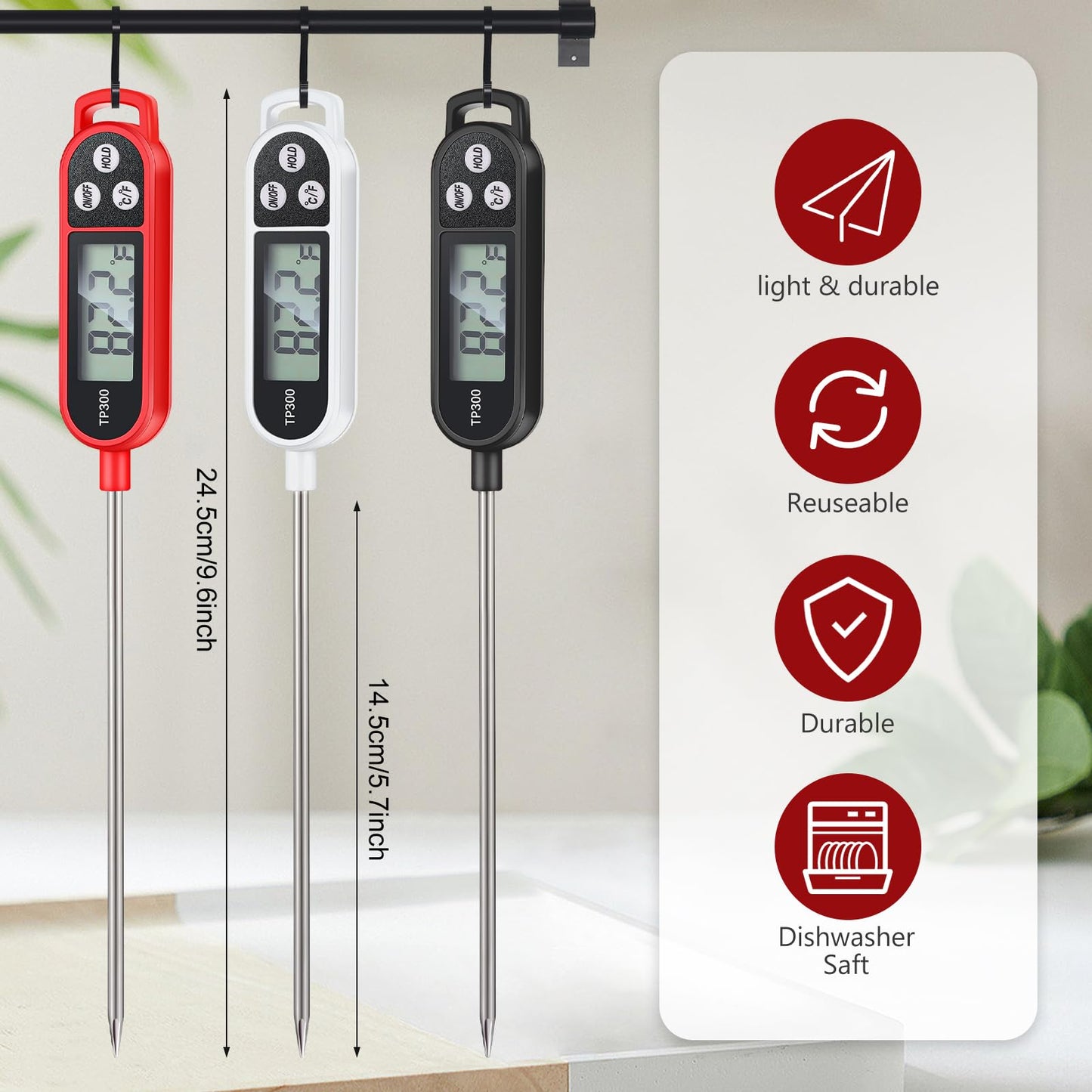 6 Pcs Instant Read Meat Thermometer with Long Probe 9.65 Inch Kitchen Cooking Food Candy Waterproof Digital Thermometer for BBQ Water Milk Yogurt Liquid (Round&Square Ring,Black,White,Red)