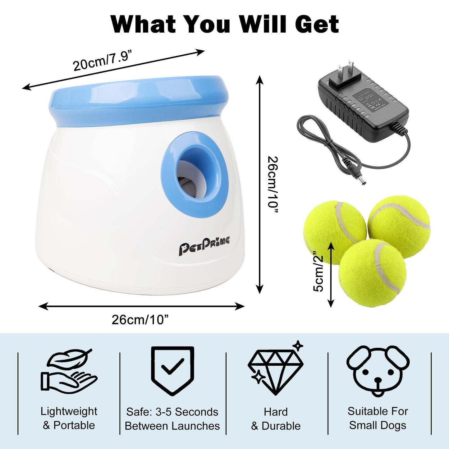 Pet Prime Automatic Dog Ball Launcher, Dog Ball Thrower with 10-30 Ft Launch Distance, Interactive Puppy Pet Fetch Toy, Mini Ball Throwing Machine for Small and Medium Dogs, With 3 PCS 2" Tennis Balls