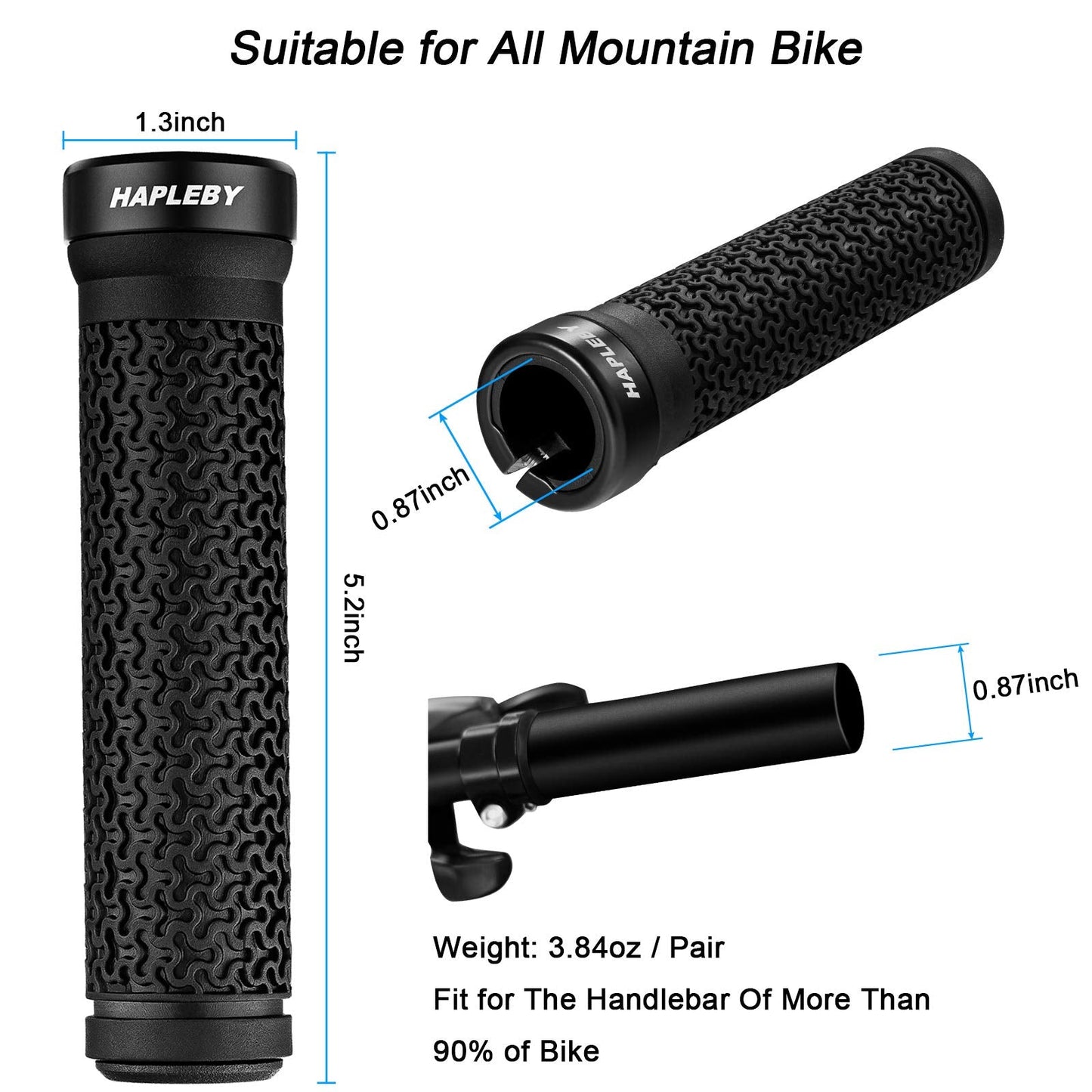 Hapleby Premium Bike Handlebar Grips, Single Lock-on Professional Mountain Bicycle Handlebar Locking Grips with Anti-Slip, 2PCS Screw and 2PCS Allen Wrench for Free