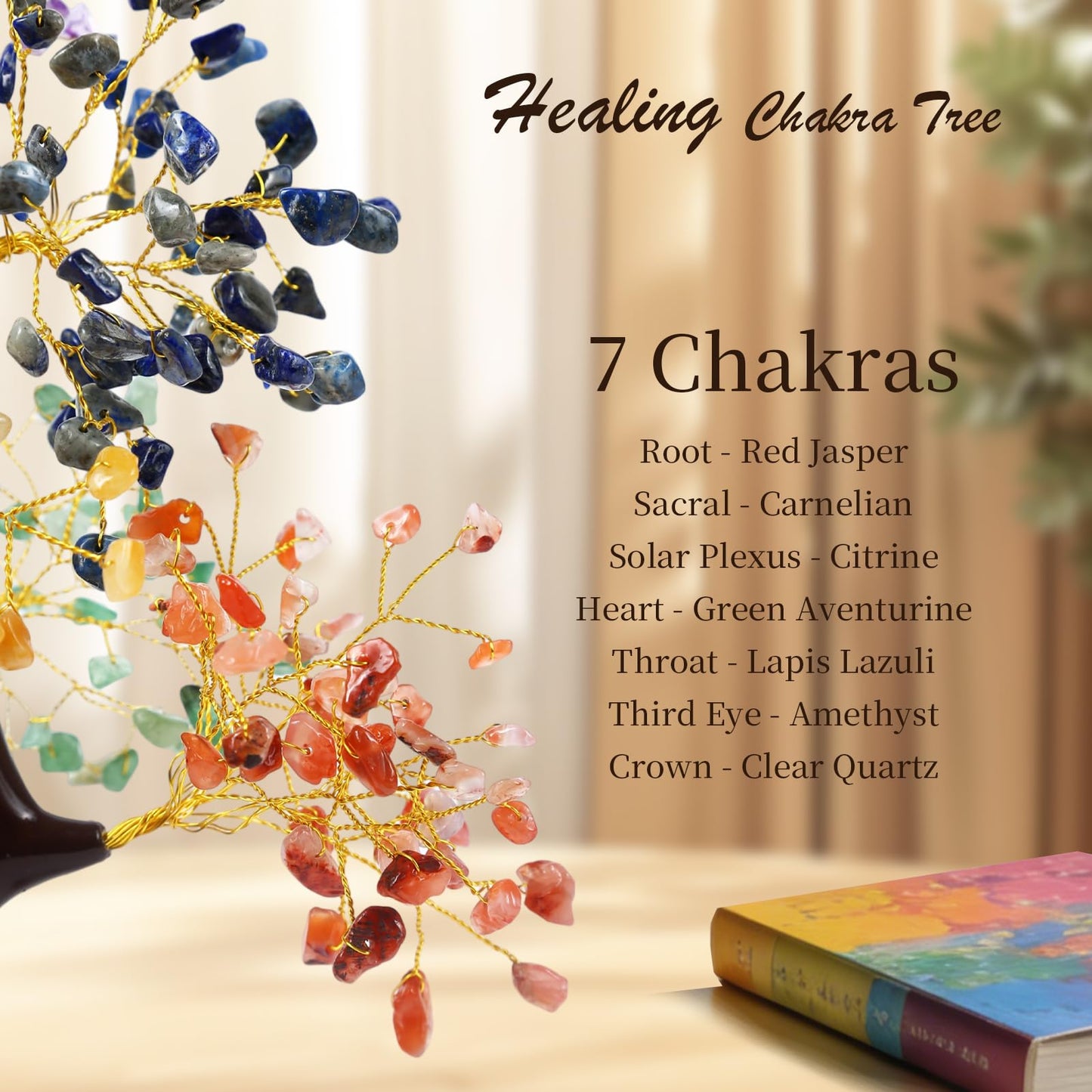 Crystal Tree of Life with Chakra Stones - Healing Crystals Decor for Desk & Home, Housewarming Gifts for New Home, Unique Birthday Gifts for Women, Sisters, Friends (7 Chakra Tree Wooden Base)