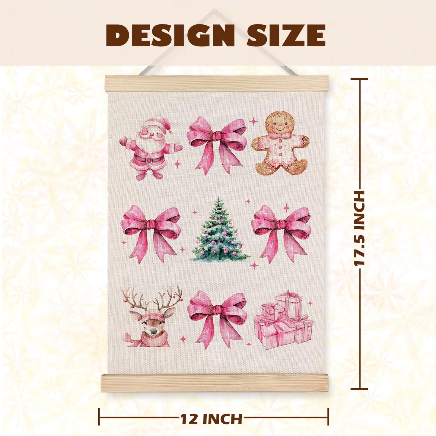 Coquette Pink Christmas Bow Gingerbread Wall Art, 12x16 Inch, With Wooden Poster Hanger for Home Office