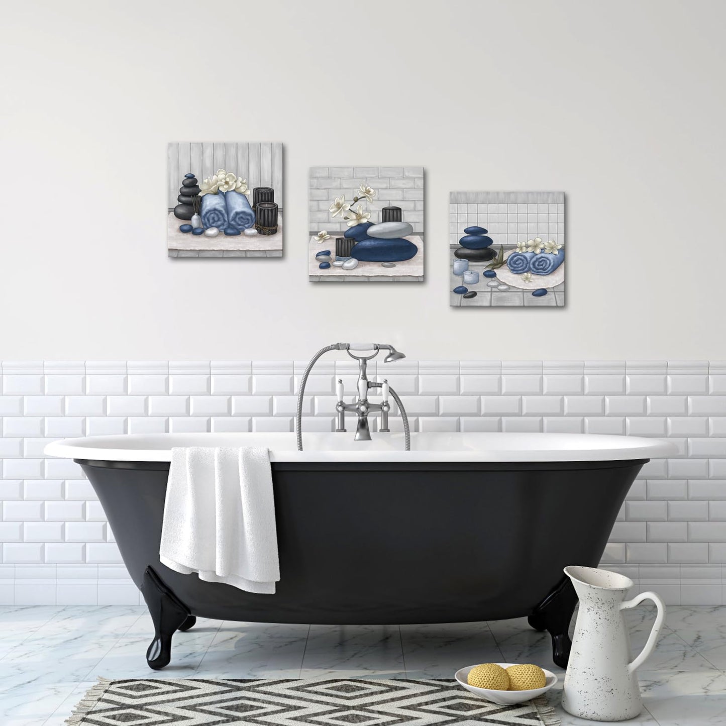 RnnJoile Spa Canvas Wall Art Zen Stone Orchid Picture Painting Navy Blue Still Life Prints for Bathroom Zen Meditation Room Decor Framed 12"x12" for Each