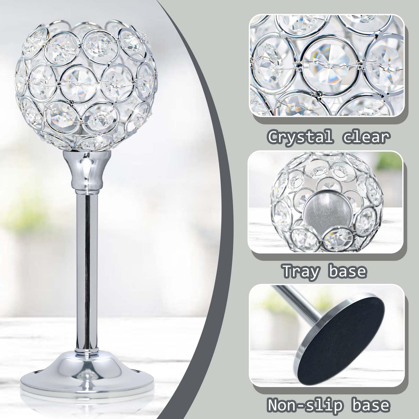 Kehail Set of 3 Silver Crystal Metal Tealight Candlestick, Bling Bowl Candelabras, Tall Votive Candle Holders Elegant Candle Centerpiece for Dining Table Wedding Decor