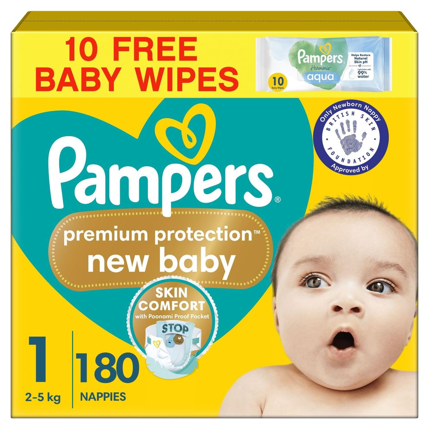Pampers Premium Protection New Baby Size 1, 180 Nappies, 2kg-5kg, Monthly Pack + Pampers Harmonie Aqua Baby Wipes 1 pack of 10 Wipes