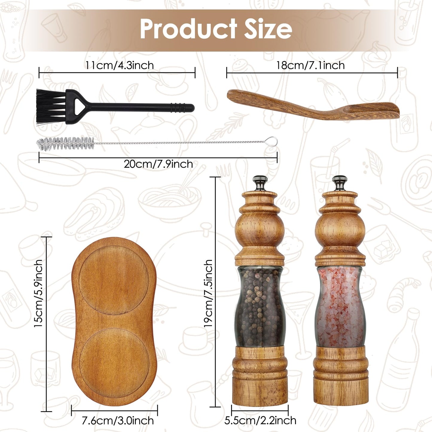 Foyucool Wooden Salt and Pepper Grinder Set with Wooden Tray and Spoon, 8 Inch Manual Salt and Pepper Mill, Adjustable Coarseness, Refillable with Ceramic Core for Spices, Clear Acrylic Chamber