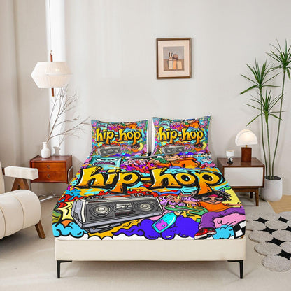 Feelyou Hippie Graffiti Sheets Hip Hop Radio Rock Bed Sheet Set Kids Boys Colorful Graffiti Pattern Bedding Set Watercolor Art Fitted Sheet Bedroom Collection 3Pcs Full Size