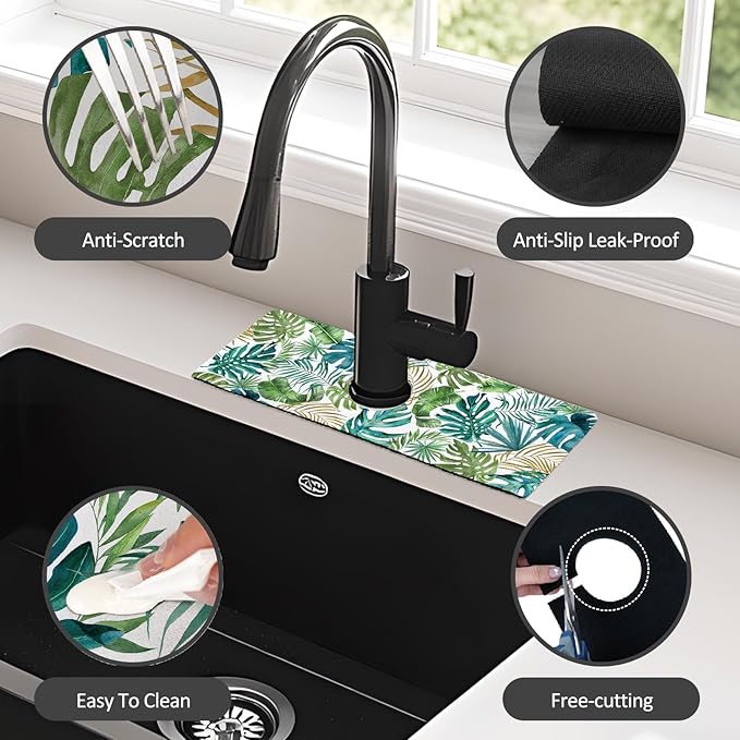 2PCS 15" X 5.5" Kitchen Sink Splash Guard Faucet Mat Leaf Super Absorbent Fast