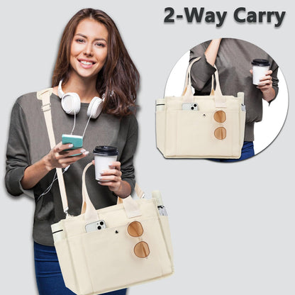 Fammart Large Canvas Tote Bag for Women with Zipper & Compartments, Crossbody Laptop Bags for Work College Travel