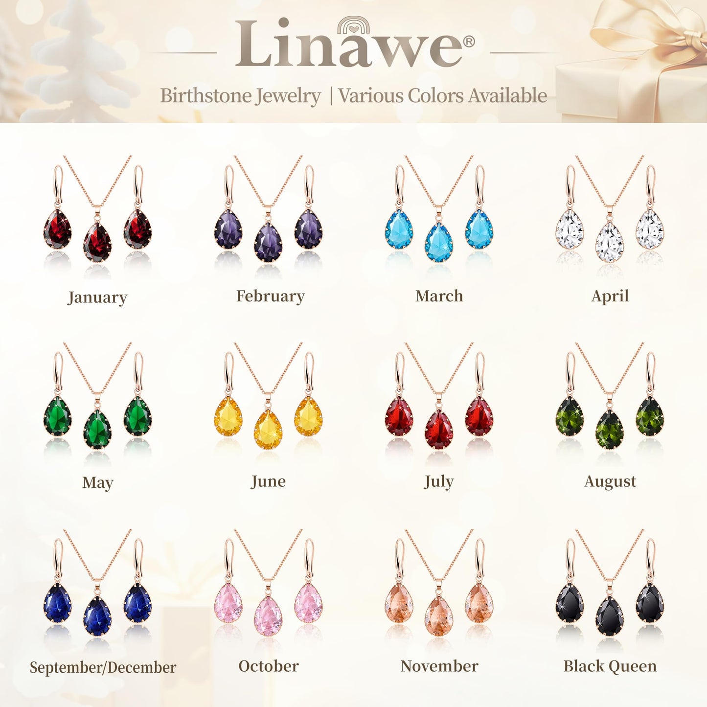 Linawe Lab Created Aquamarine Blue Jewelry Sets for Women, Rose Imitation Gold Plated Pendant Necklace and Earring Set, Fake Birthstone Crystal Imitation Diamond Necklace Set, Rhinestone Teardrop Jewelry Set