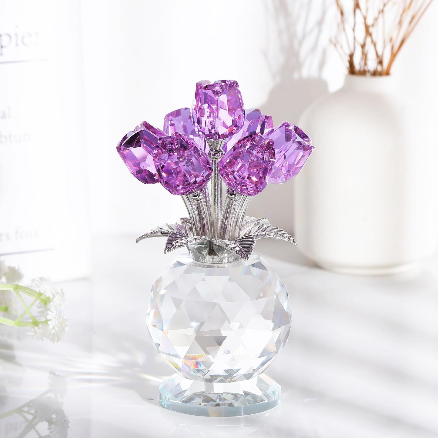 Ornalrist Crystal Purple Tulips Bouquet Figurines Gifts for Her Glass Purple Flowers Decor for Home Romantic Floral Presents for Women Mom Wife Mother's Day Birthday Anniversary Christmas