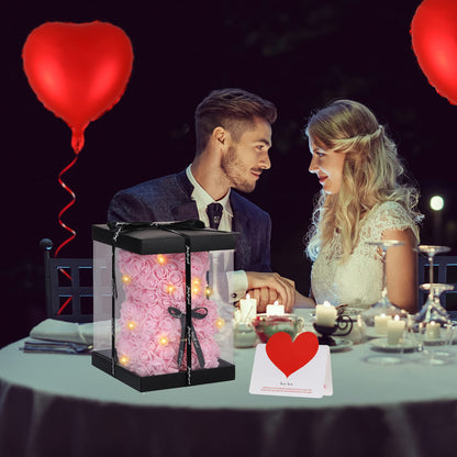 Rose Bear Christmas Flower Gifts for Mom Grandma, Rose Teddy Bear with Lights, Cute Teddy Flower Bear, Cute Romantic Gifts for Wife Girlfriend with Transparent Gift Box and Love Card