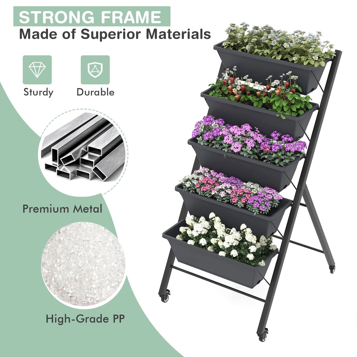 DREAMADE Vertical Garden Bed with Wheels, 5 Tier Raised Garden Bed w/Removable Planter Boxes, Lockable Wheels, Drainage Holes, Rolling Vertical Planter for Herb Vegetable Flower, Outdoor Patio Balcony