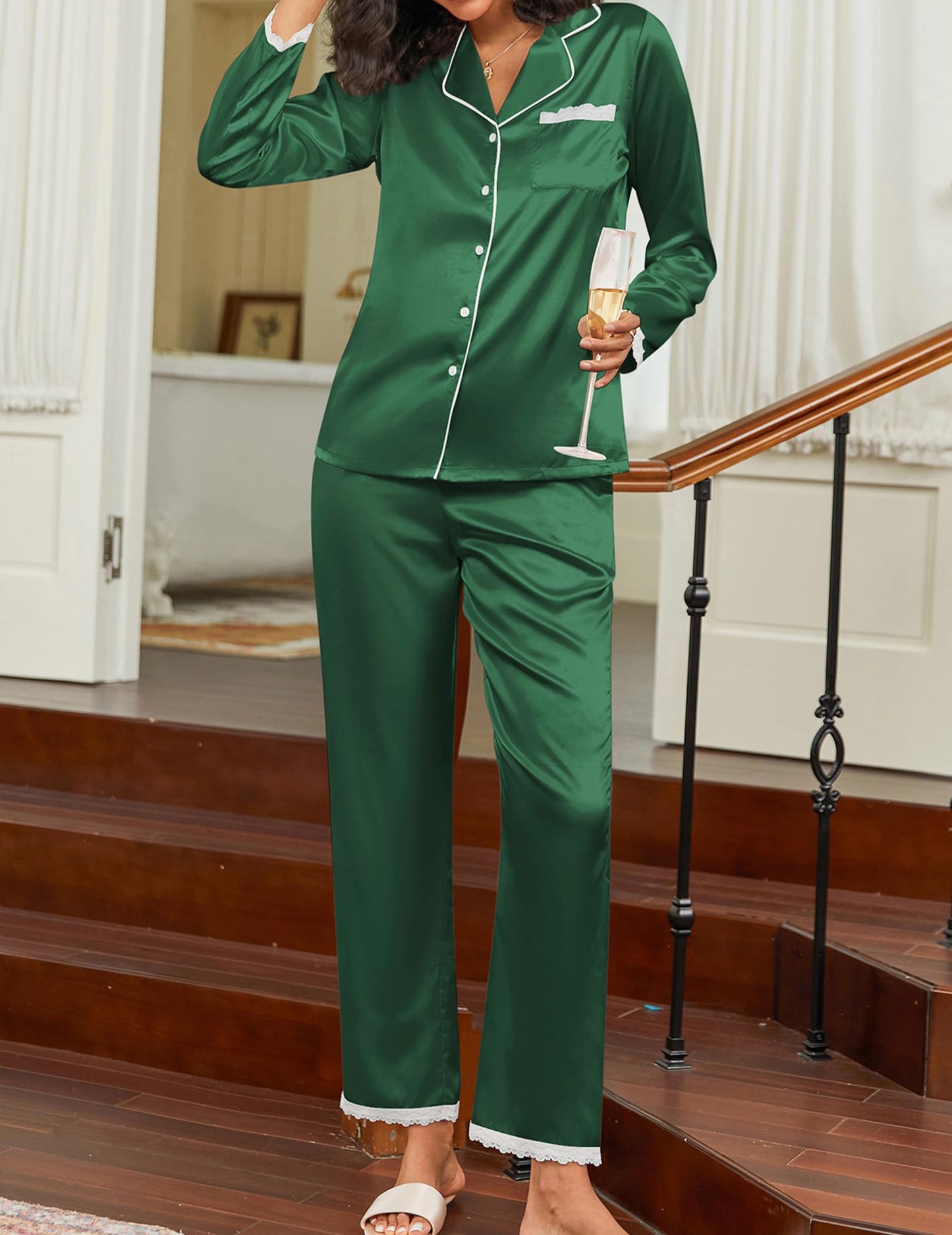 Ekouaer Satin Pajamas for Women Silk Long Sleeve Sleepwear Button Down Loungewear 2 Pieces Lace Soft Pjs Set