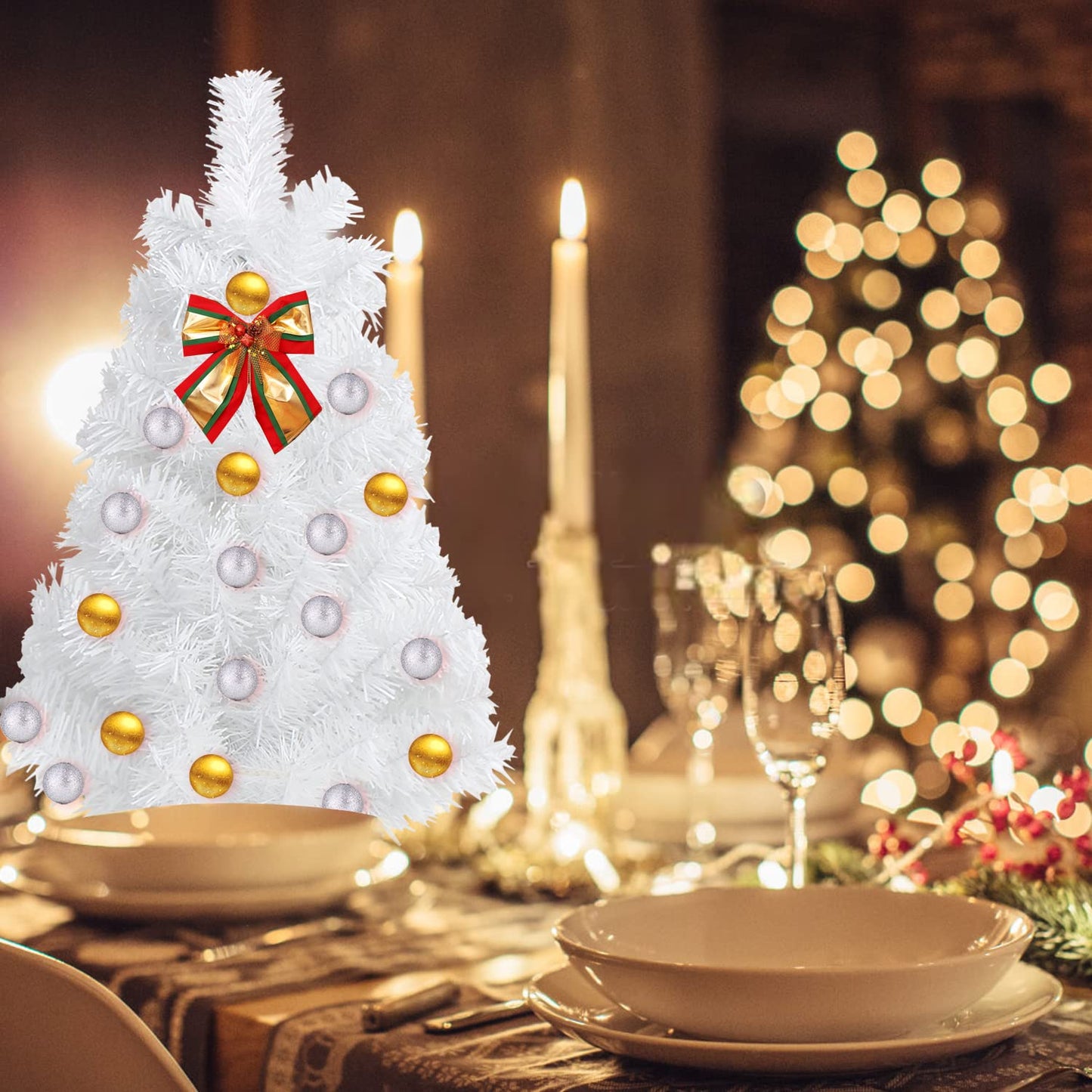 CCINEE 2Ft Artificial Christmas Tree, White Mini Tabletop Xmas Tree with Plastic Stand 80 Branches Tips for Christmas Party Supplies Home Indoor Decoration
