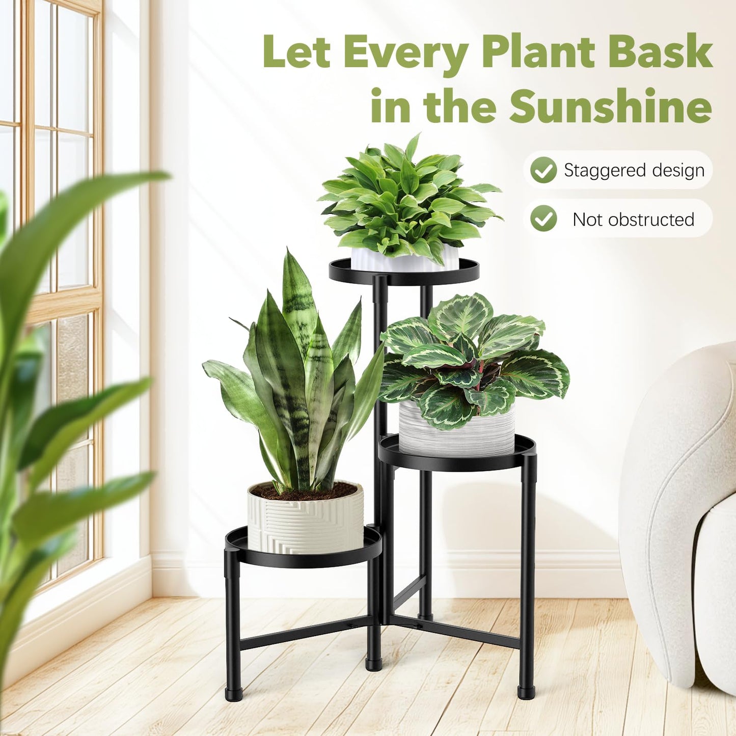 JOPBENG 3 Tier Corner Plant Stand Indoor Outdoor, Metal Plant Shelf with 10 Inch Wide Tray,Flower Pot Display Holder Iron Rack Organizer Stand for Living Room Office Garden Patio Balcony Black