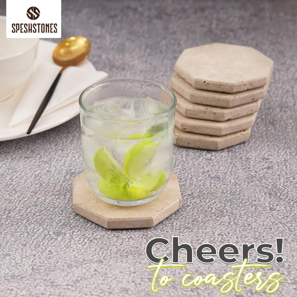SPESHSTONES Marble Coasters Set of 6 Handmade 3.75 Inch Travertine Coaster for Drinks - Ideal Stone Drink Coasters for Coffee Bar Accessories, Dining Table & Home Décor