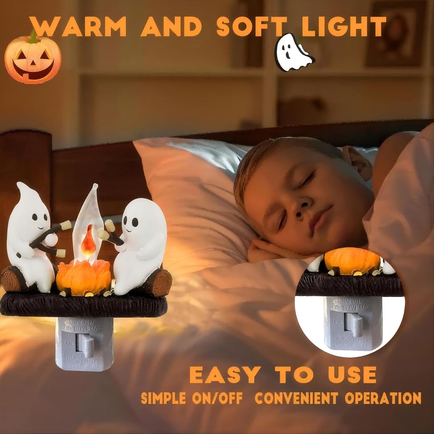 nlaa Ghost Campfire Nightlight,Halloween Campfire Flickering Night Light,3D Spooky Fire Marshmallow Night Light for Halloween Decor (Cute Ghost)