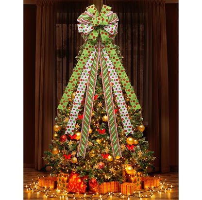 Fvviia Christmas Tree Topper Wreath Large Green Christmas Bow Tree Topper, Red Green Dot Polyester Gift Bow for Xmas Ornament Holiday Handmade Home Wedding Indoor/Outdoor Decoration-13 x 45 Inch