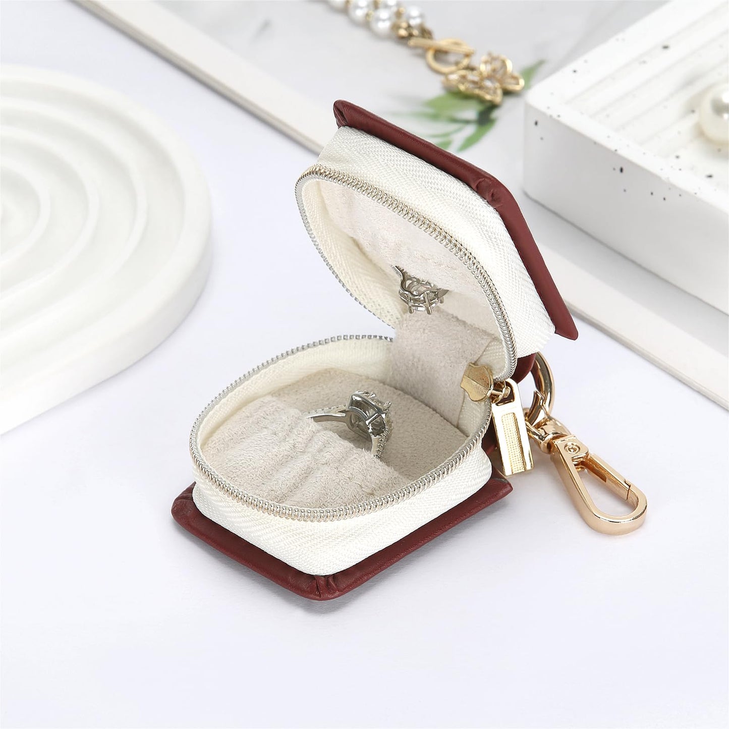 KUKUVR Jewelry Ring Holder Box with Keychain, Small Ring Earring Stud Necklace Storage Case for Gym Travel Sports, Portable Jewelry Storage Boxes (Red)