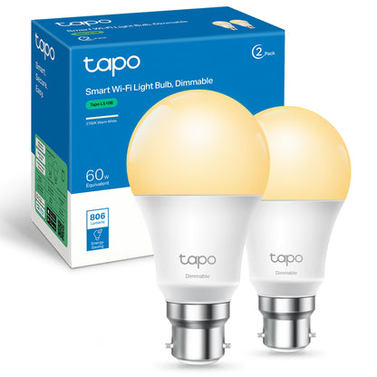 Tapo L510B (2-Pack) B22 Smart Bulb, Alexa Light Bulb, WiFi Smart Light Bulb, Dimmable, 8.3W (60W), Schedule & Timer, Away Mode, Energy Saving, Preset for Convenience, Voice Control with Alexa & Google
