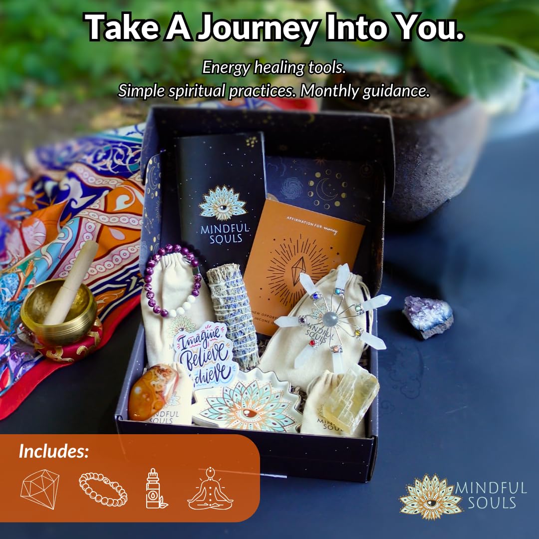 Mindful Souls Spiritual Healing Gift Set – Meditation & Mindfulness Box with Buddha Figurine, Healing Crystals, Mala Beads, Essential Oil & Gemstone Jewelry – Holistic Self-Care & Inner Peace Kit