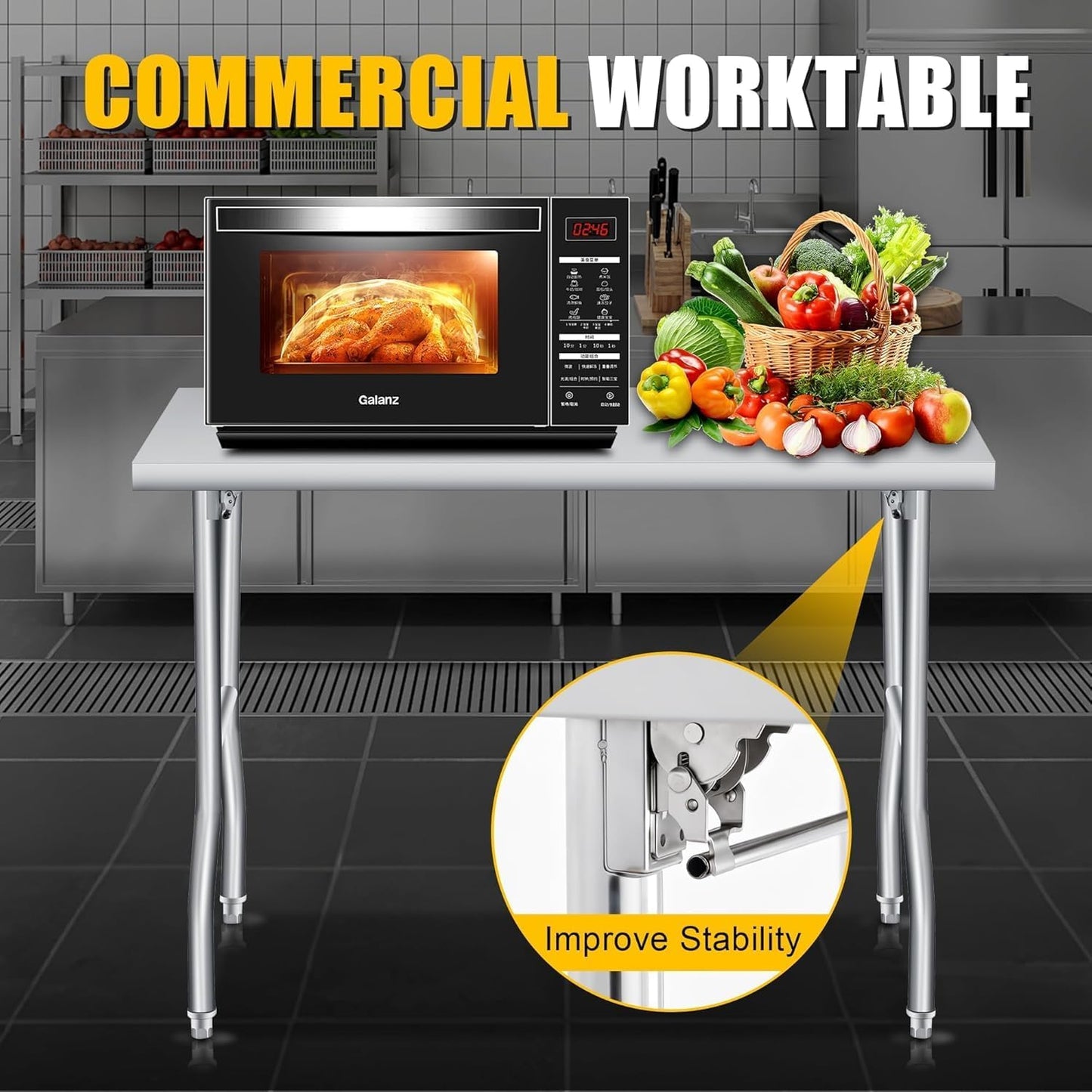 GlowSol Folding Stainless Steel Table 48 x 24 Inch, Metal Foldable Prep/Work Table, 1100 LB Load Capacity, No Assembly, Portable Workbench for Kitchen, Laundry, Restaurant, Camping, Garage