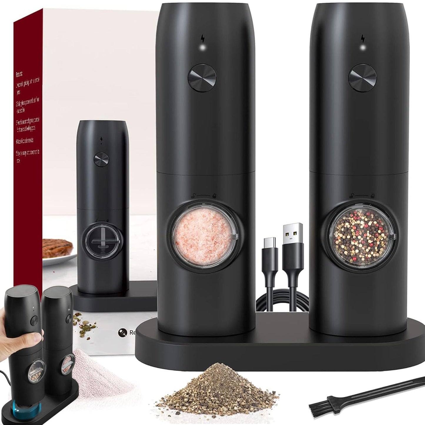 Electric Salt and Pepper Grinder Set of 2, Automatic Pepper Mill,USB Rechargeable, Adjustable Coarseness, One-handed Operation, Ceramic Burr,Refillable, Auto Grinders with Charging Base LED Light