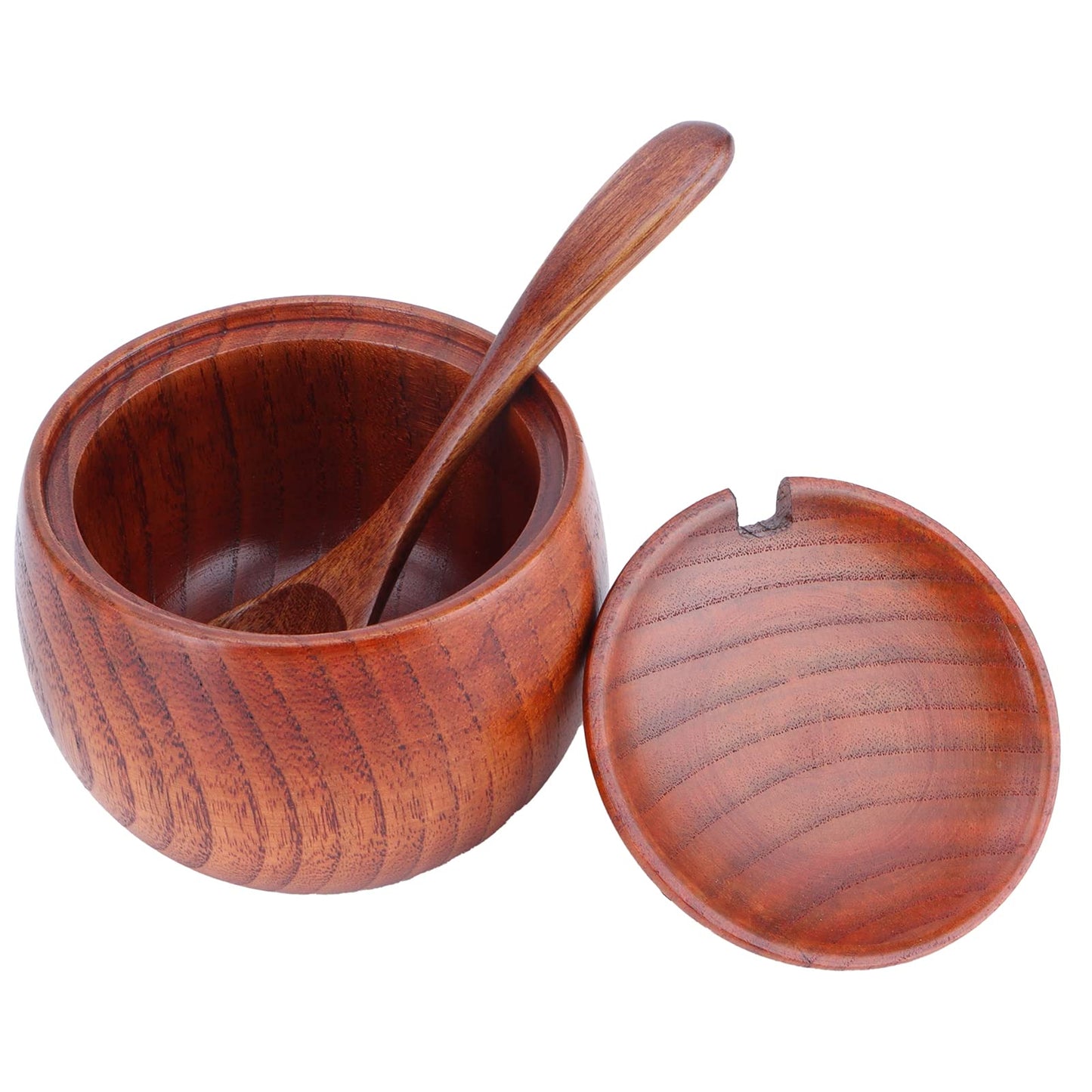 MOUMOUTEN Wood Spice Pot, Natural Wooden Salt Cellar with Lid and Spoon, Sugar Container Vintage Spice Jar Seasoning Container Cooking Utensil for Serving Condiment Chili Powder