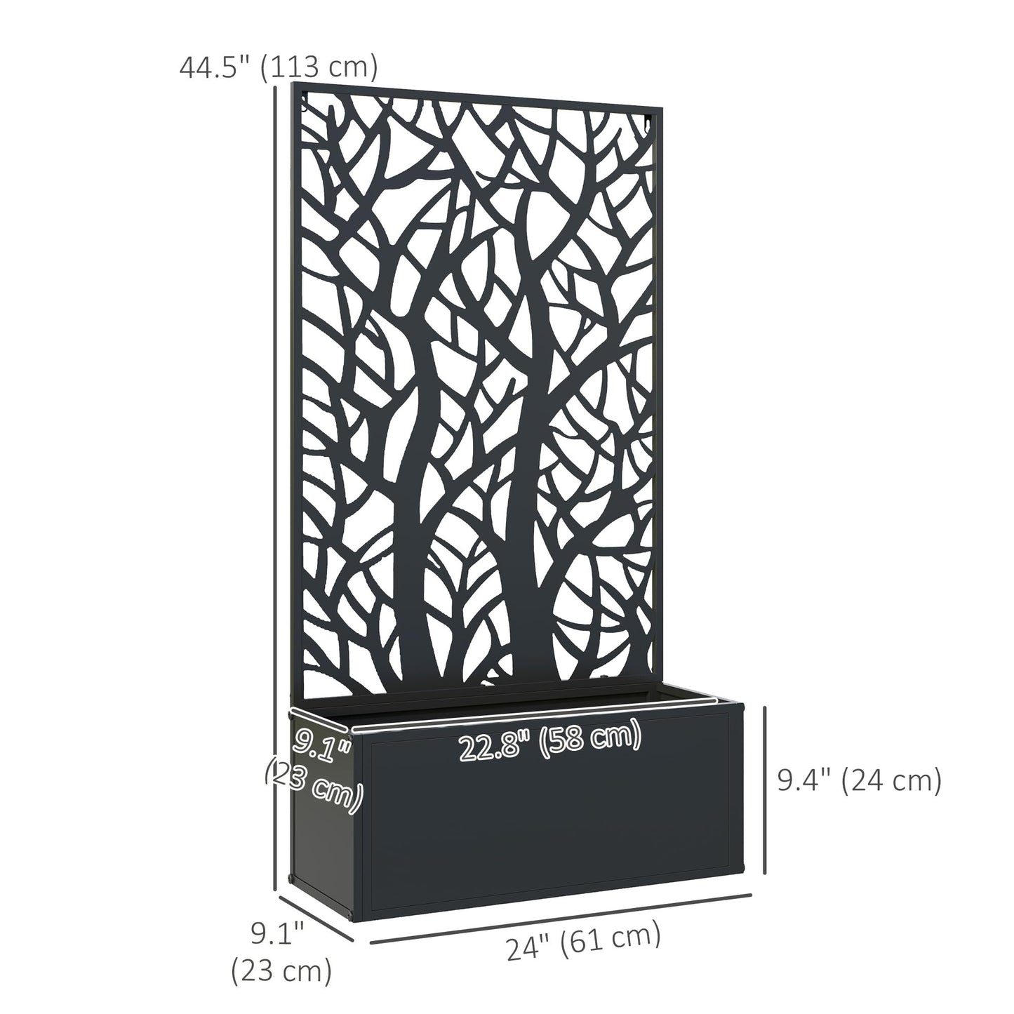 Outsunny Metal Raised Garden Bed with Trellis for Climbing Plants, Freestanding or Wall Mounted Flower Bed with Privacy Panel, Two Big Tree Cut-Outs Outdoor Planter Box for Garden, Patio, Balcony