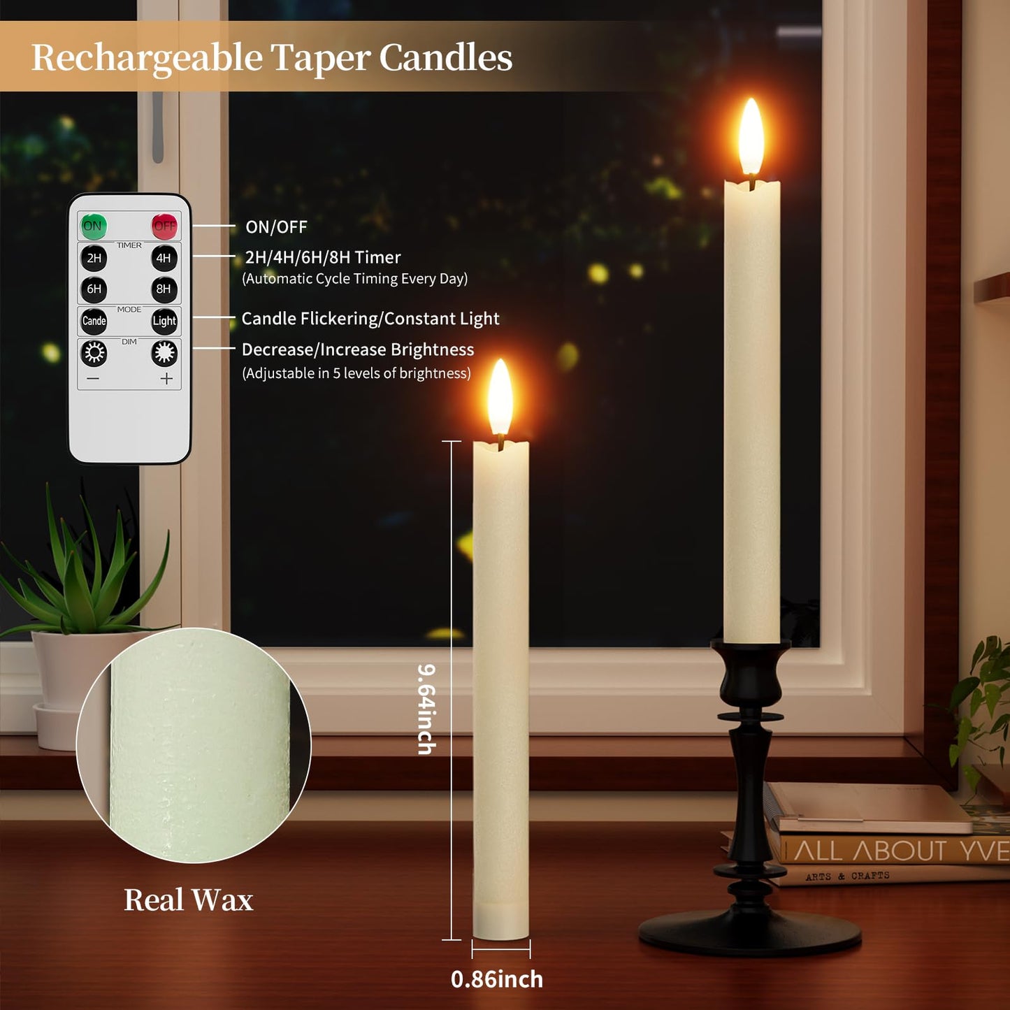 Rechargeable Flameless Taper Candles 2Pcs Real Wax Battery Taper Candles with Remote&Timer LED Candlesticks Flickering Realistic for Christmas Home Wedding Decor Ivory