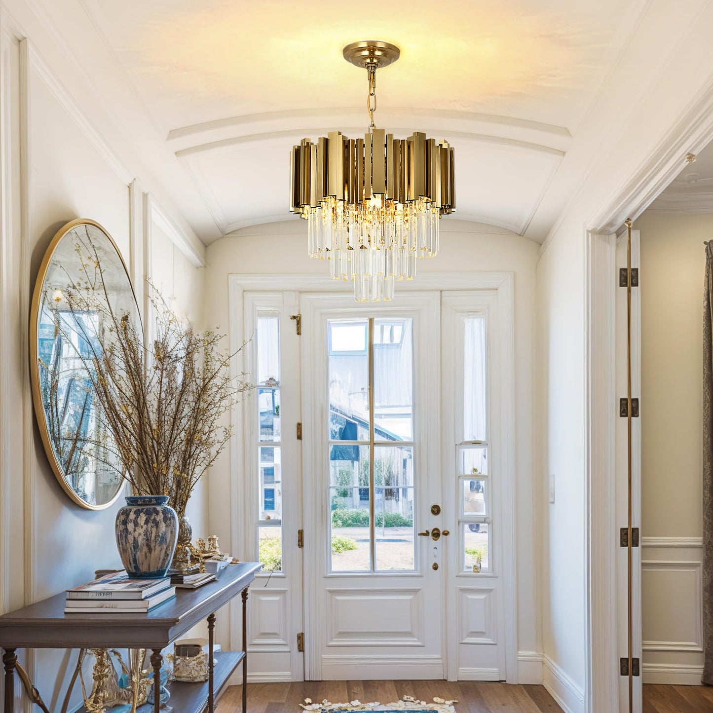 AOOCHOK Modern Crystal Chandelier Gold Pendant Light Fixtures, Small Crystal Pendant Lighting for Entryway, Corridor, Balcony, Porch, Restaurant, Door Opening, E26 x 3, Φ16inch