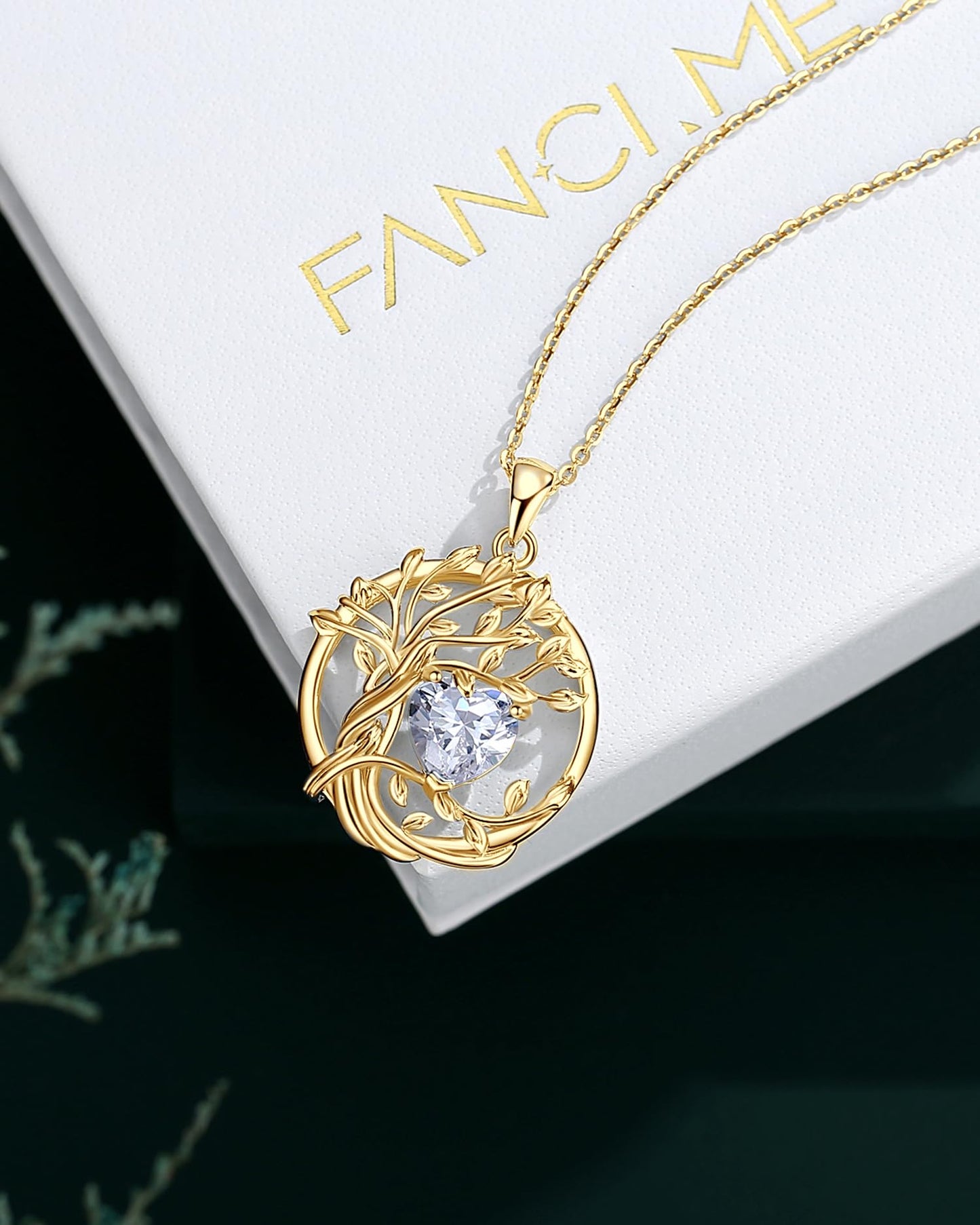 FANCIME Tree of life April Birthstone necklace for women Sterling Silver Yellow Gold Plated Simulated Diamond Pendant Cubic Zirconia CZ Birthday Mothers Day Gifts for Wife Mom Her