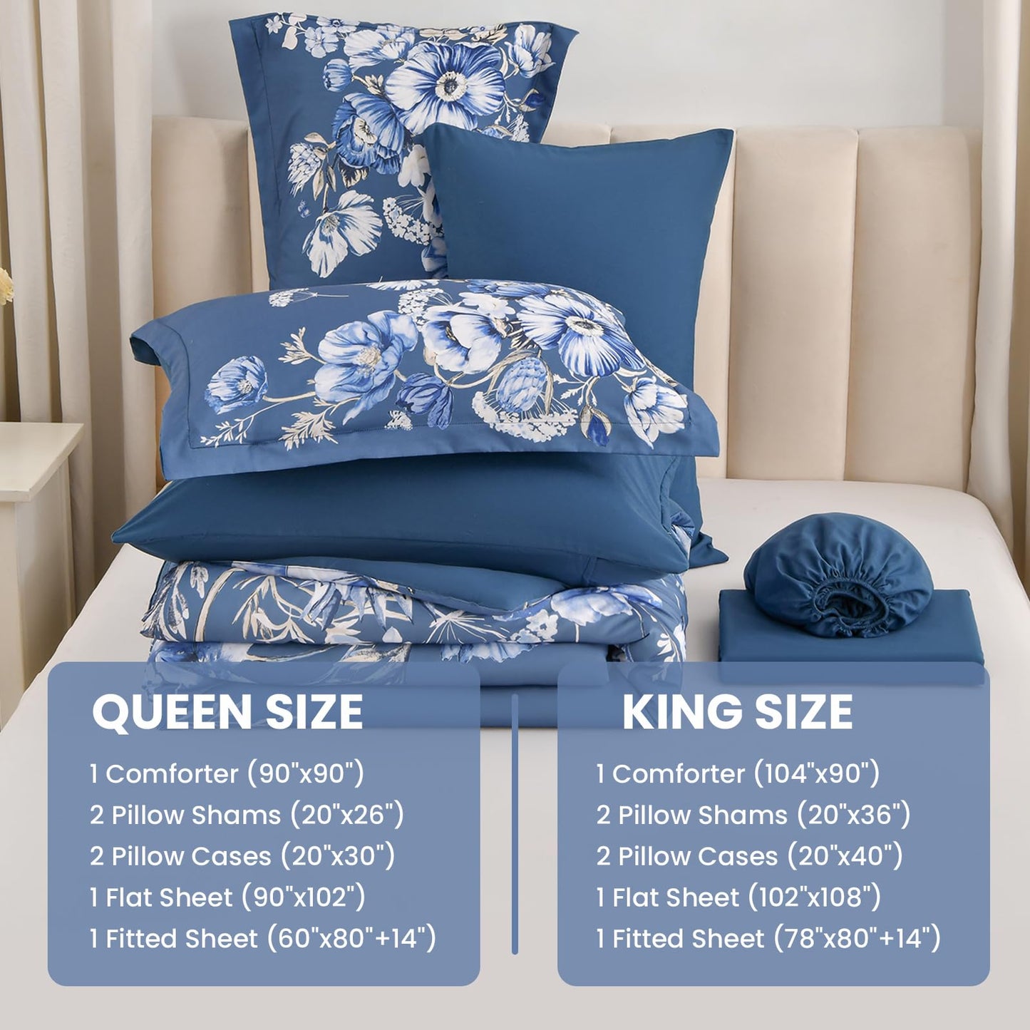 LLDSYW Queen Comforter Set - 7 Pieces Bed in a Bag Blue Floral Queen Comforter Set with Sheets, Soft Microfiber Flower Complete Bedding Set for All Seasons（Blue,90"x90"）