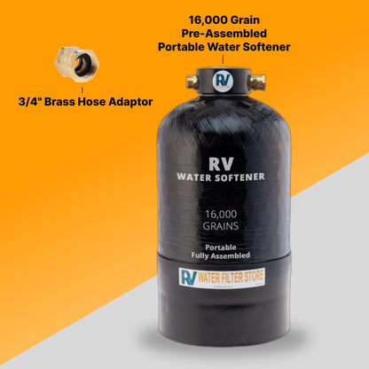 Essential RV Water Softener Portable 16,000 Grain w/o Custom Hose, Long Lasting for RVers Vanlife, 3/4" Fittings, Softens Hard Water When Traveling or Mobile Spot Reducing Car Washing